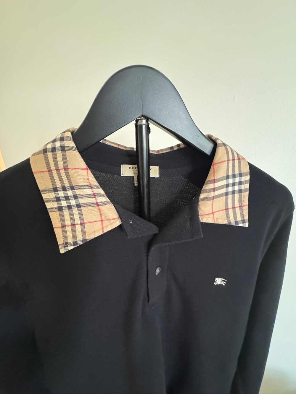 Burberry London Black Long Sleeve Polo Cotton Shirt Nova Check Plaid Collar